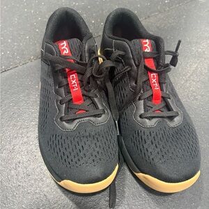 TYR women’s Black Sneakers with Red and gum Accents